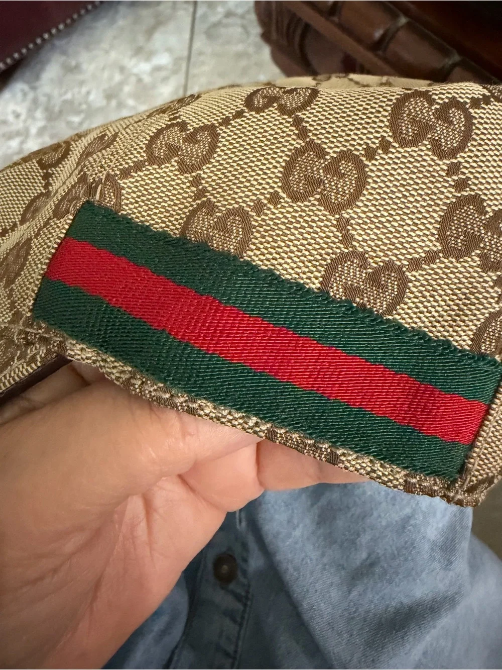Gucci Beige and Brown Monogram Baseball Cap with Red & Green Stripe